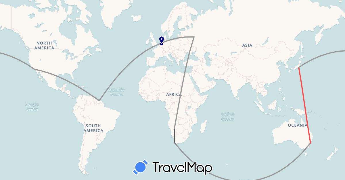 TravelMap itinerary: driving, plane, hiking, motorbike in Australia, Japan, Namibia, Netherlands, Russia, Suriname, United States, South Africa (Africa, Asia, Europe, North America, Oceania, South America)